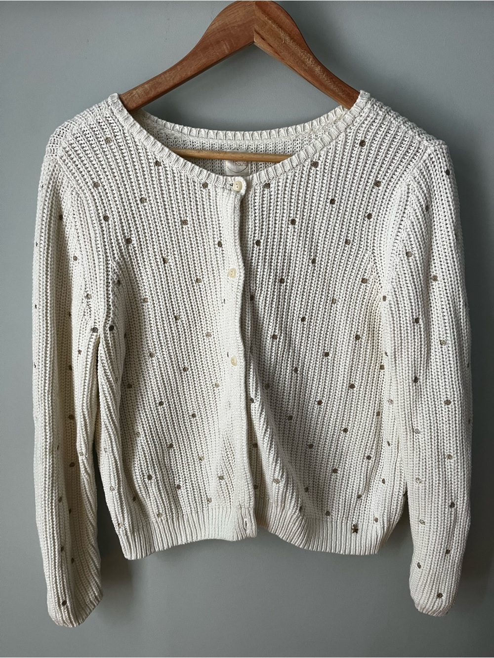 Cream Knit Button-Up Cardigan Sweater with Gold Embroidered Dots